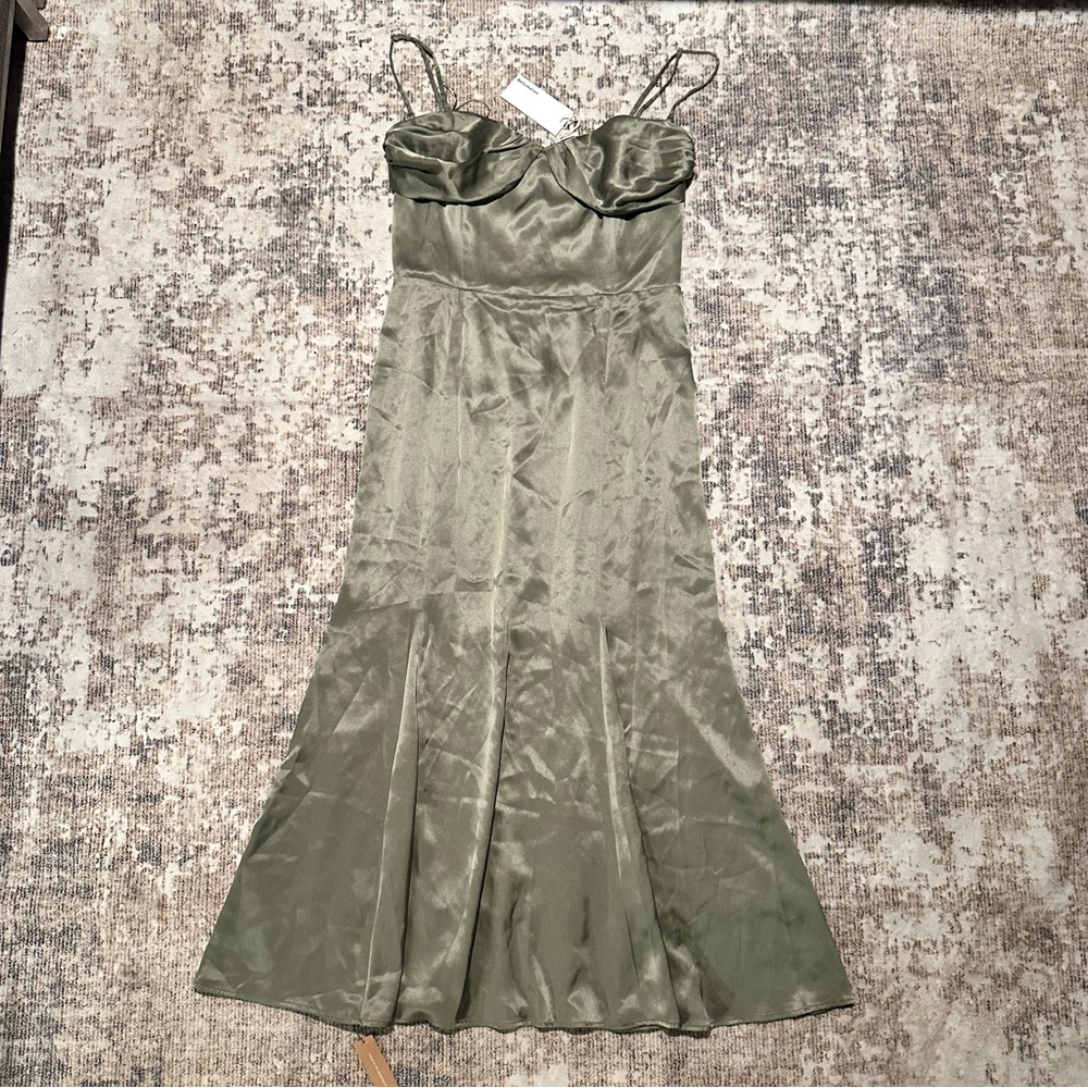 Reformation Hensley Satin Midi Dress Artichoke Green Removable Straps Size 10‎ - Picture 7 of 8